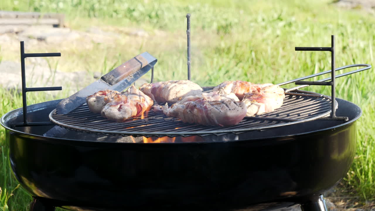 toma estática de filetes de pollo a la parrilla con césped soleado en el fondo