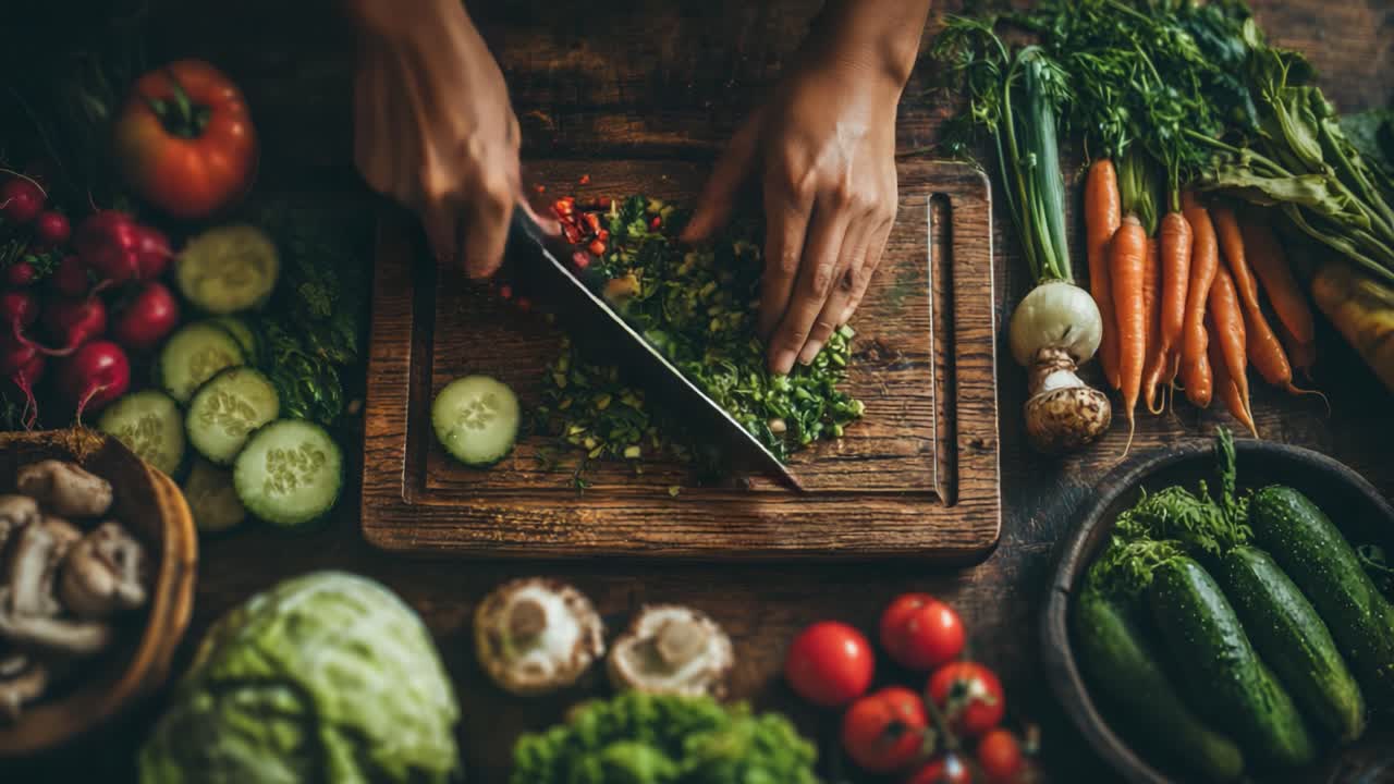 En sprudlende madscene med friskhakkede grøntsager, der viser kunsten at lave mad med et udvalg af ingredienser spredt ud på en rustik træoverflade.