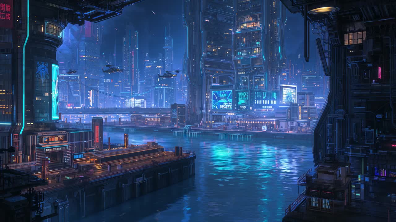 Lancio di due piccoli droni che rispondono a insegne al neon, attraversando un canale portuale futuristico di notte
