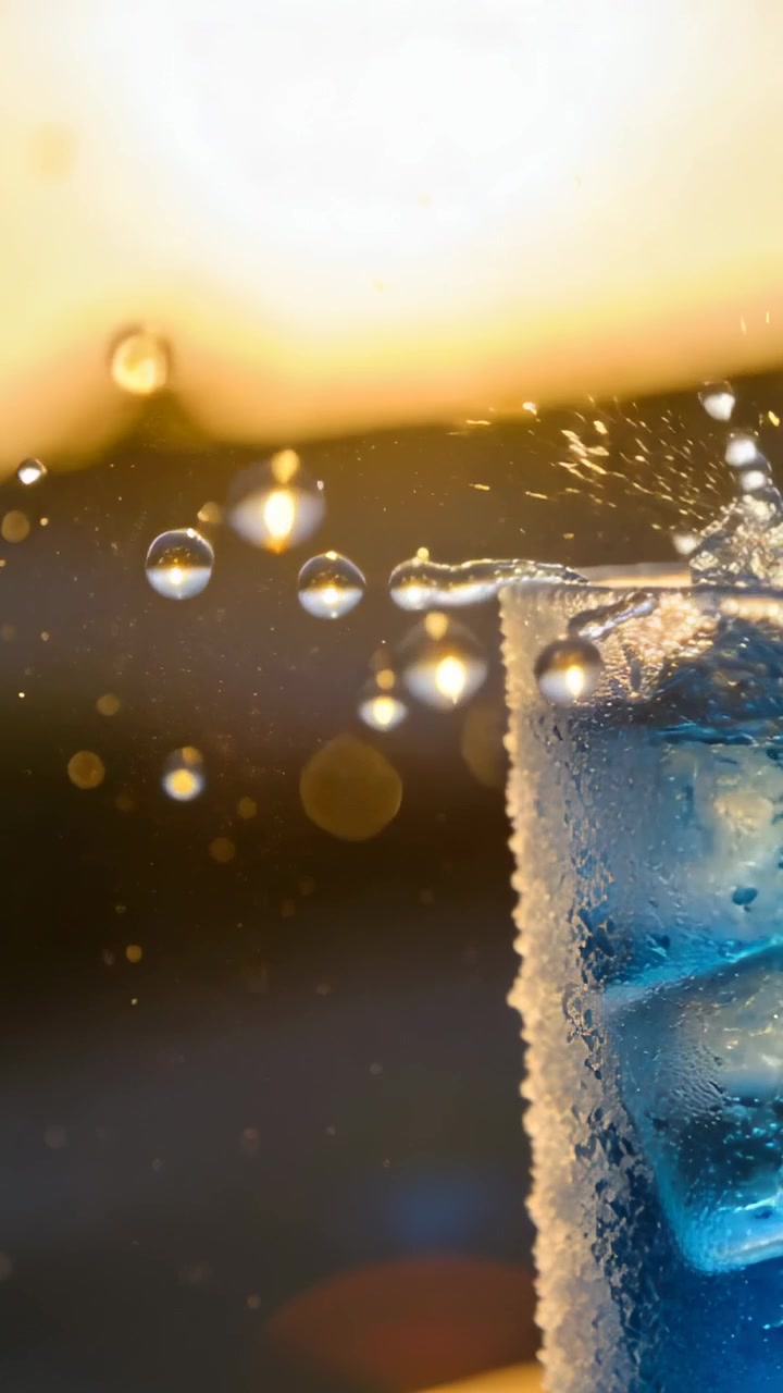 Vertical video: Sun hitting tall glass spraying blue drops at sunset with ice, frost, copy space