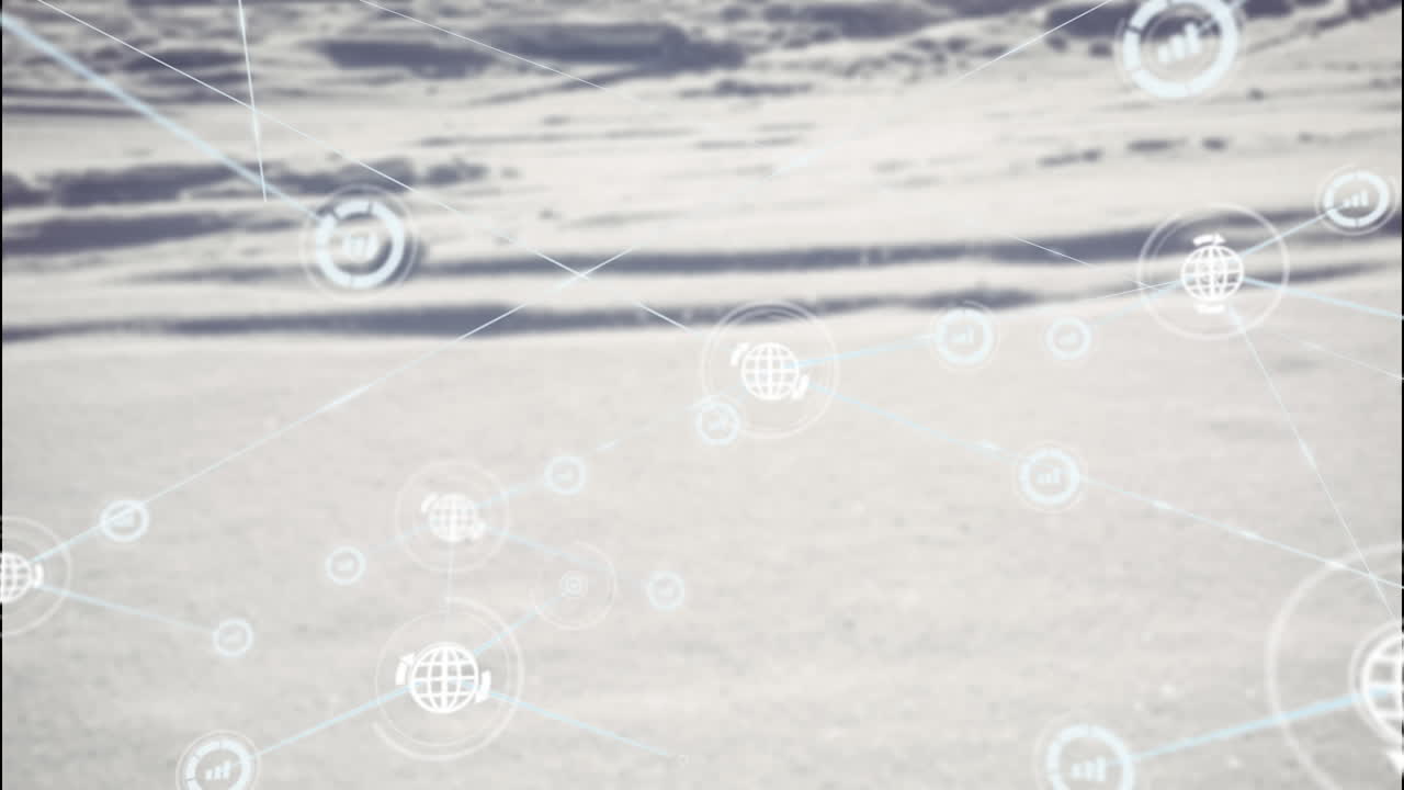 Animation of network of digital icons against sea waves