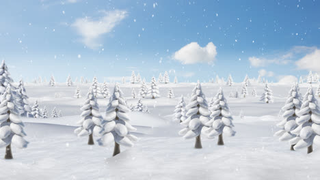 Snow-falling-over-multiple-trees-on-winter-landscape-against-clouds-in-the-blue-sky