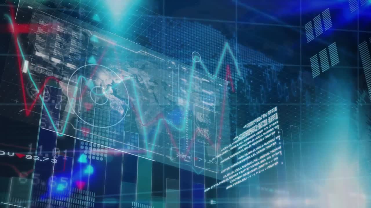 Animation of statistics and financial data processing over globe