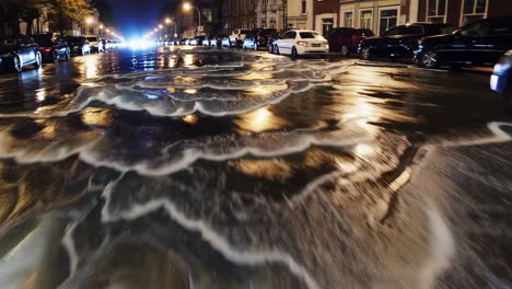 flooded city street at night