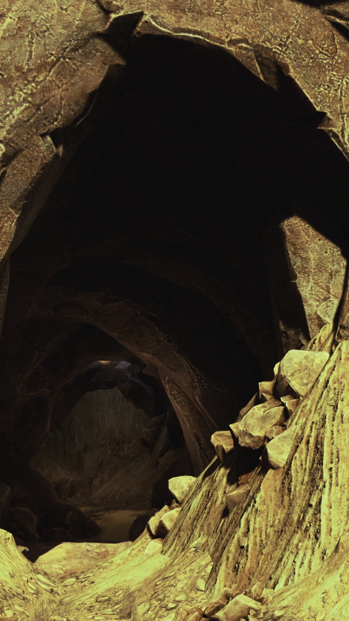 Exploring the rocky entrance of a mysterious cavern in a remote landscape