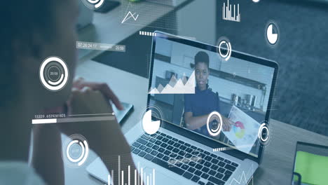 animación de círculos y barras con gráficos, diversas compañeras de trabajo discutiendo informes en videoconferencia