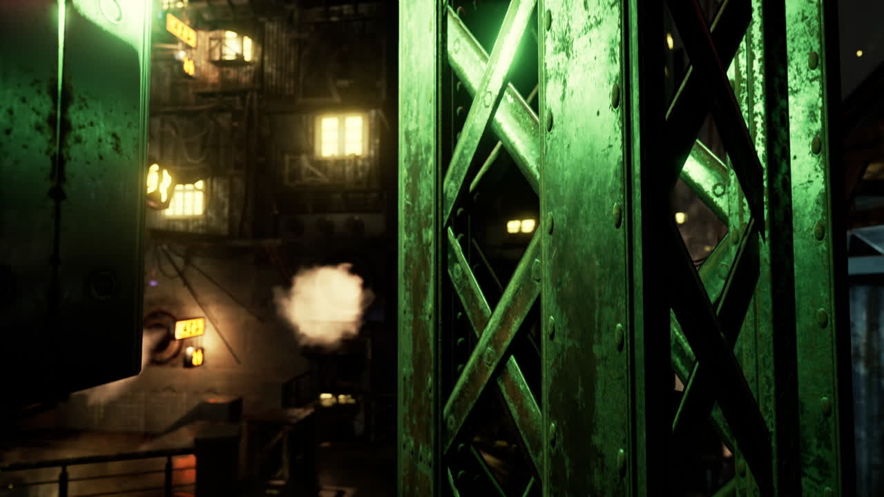 안개 가 있는 산업 도시 거리 도시 야간 풍경