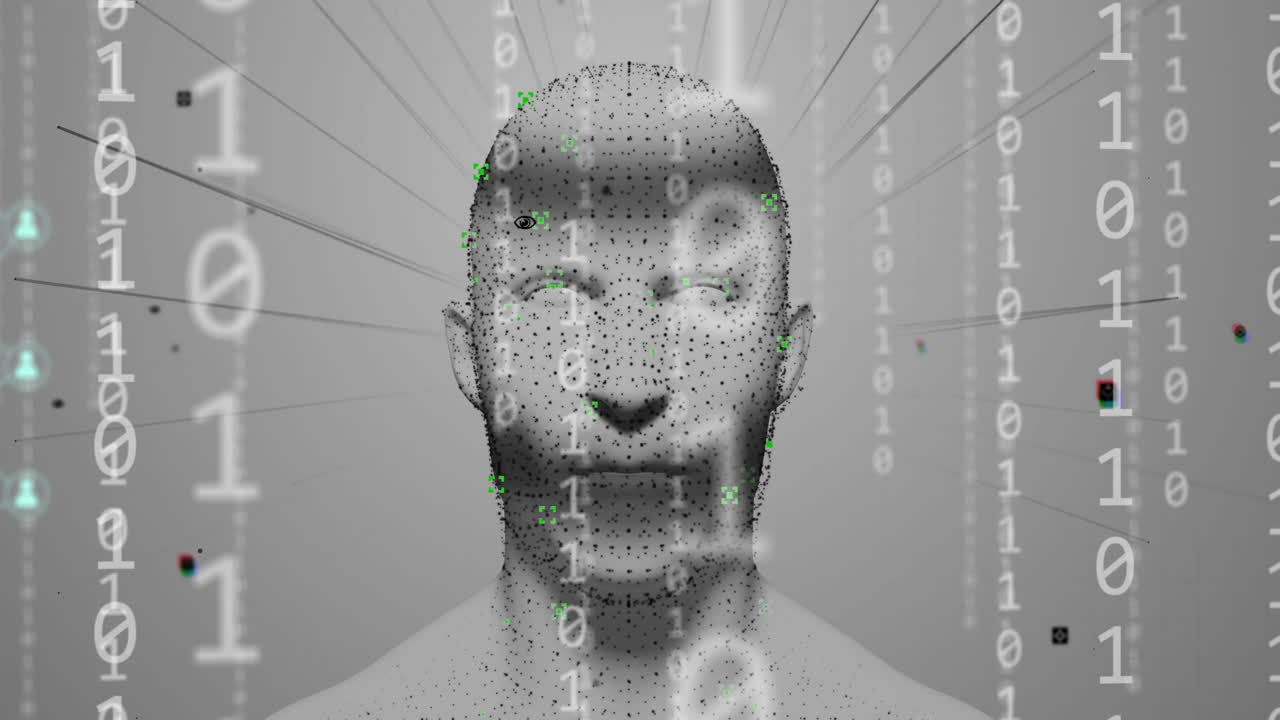 Animation of network of connections with icons over binary coding and digital human