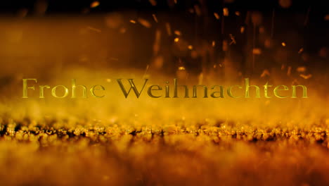 animation of frohe wihnachten text over porange particles falling on black background