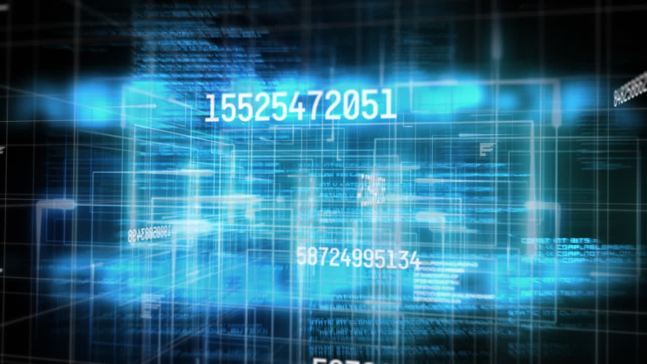 animación de números que cambian el procesamiento de datos contra una cuadrícula brillante