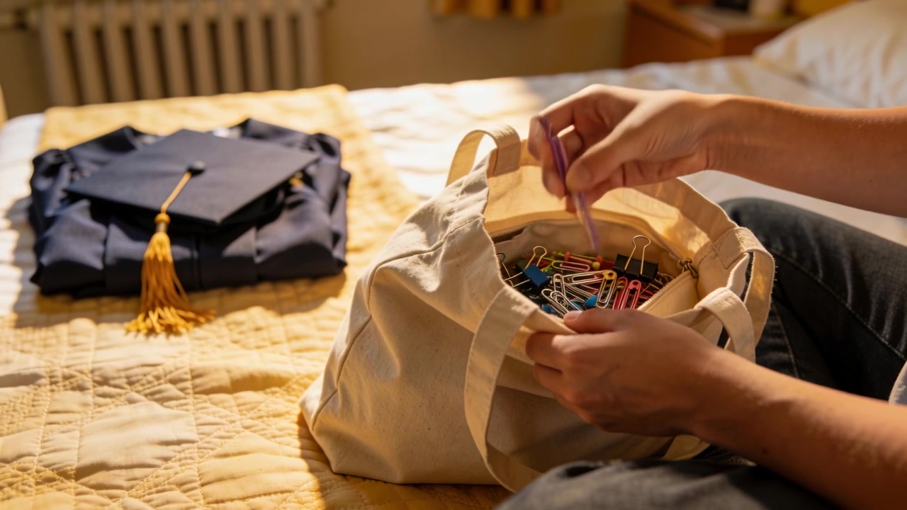 Reaching hands searching tote on bed, in jeans, picking purple paperclip near grad cap
