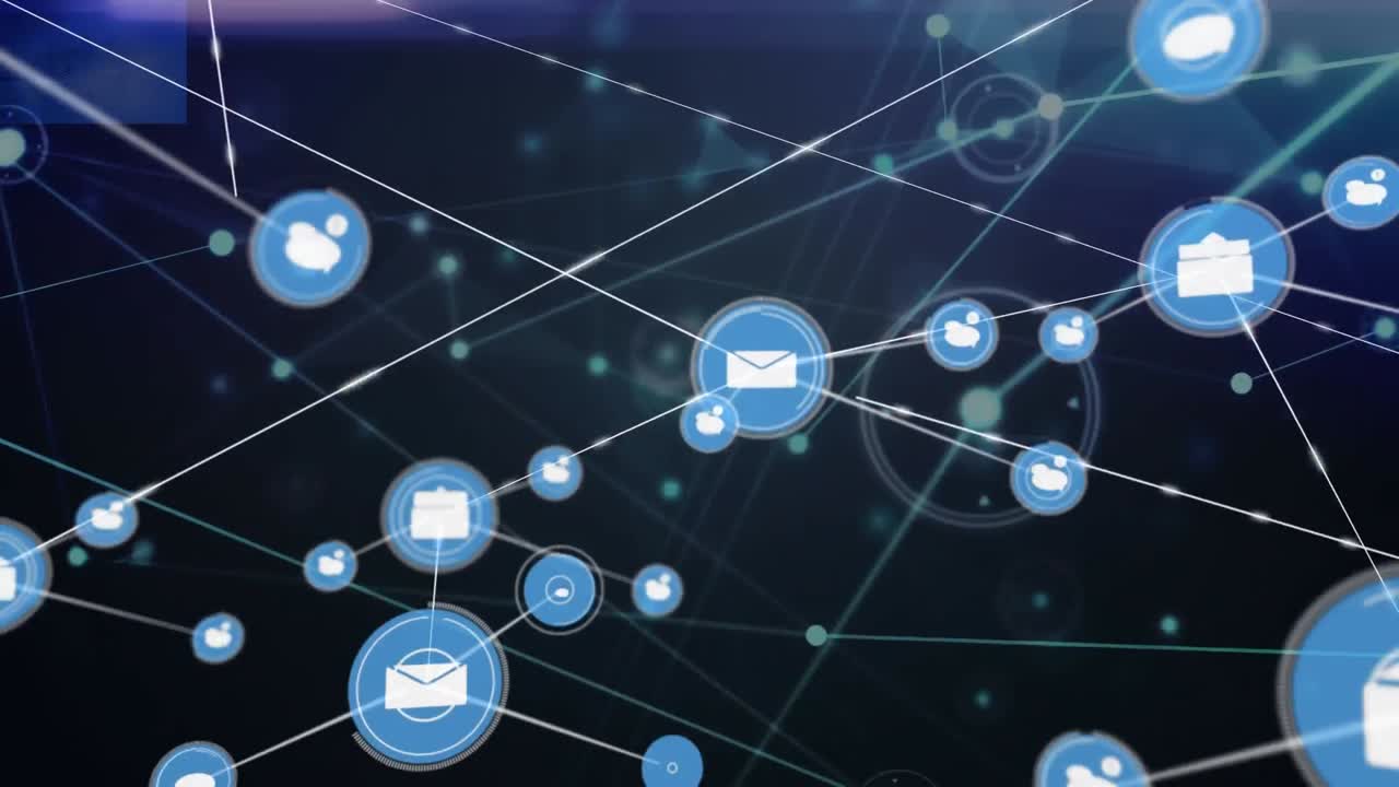 Animazione di una rete di icone digitali su una scia luminosa incandescente contro uno sfondo blu.