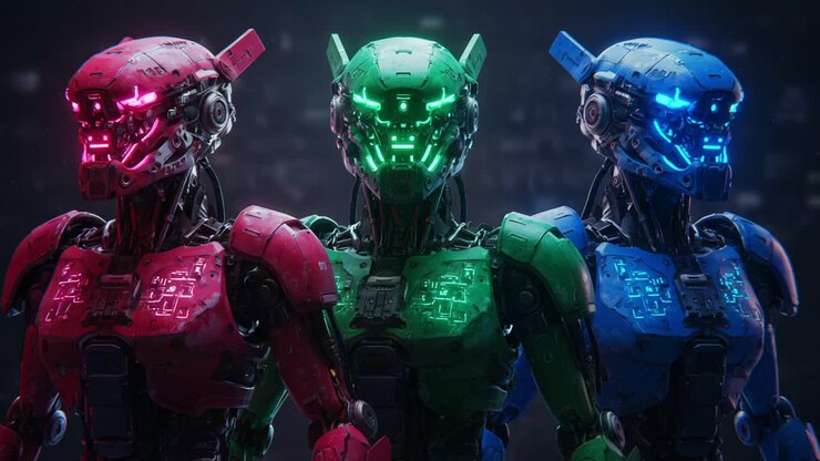 A stunning showcase of futuristic robotic designs, featuring three distinct androids in vibrant colors, highlighting advanced technology and intricate mechanical details
