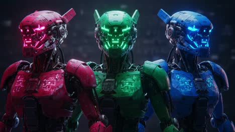 a stunning showcase of futuristic robotic designs, featuring three distinct androids in vibrant colors, highlighting advanced technology and intricate mechanical details