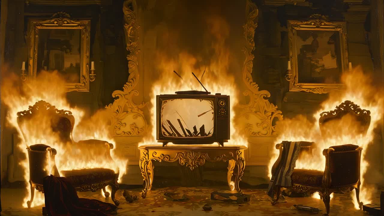 Flickering static igniting vintage television in living room, spreading fire across table wallpaper