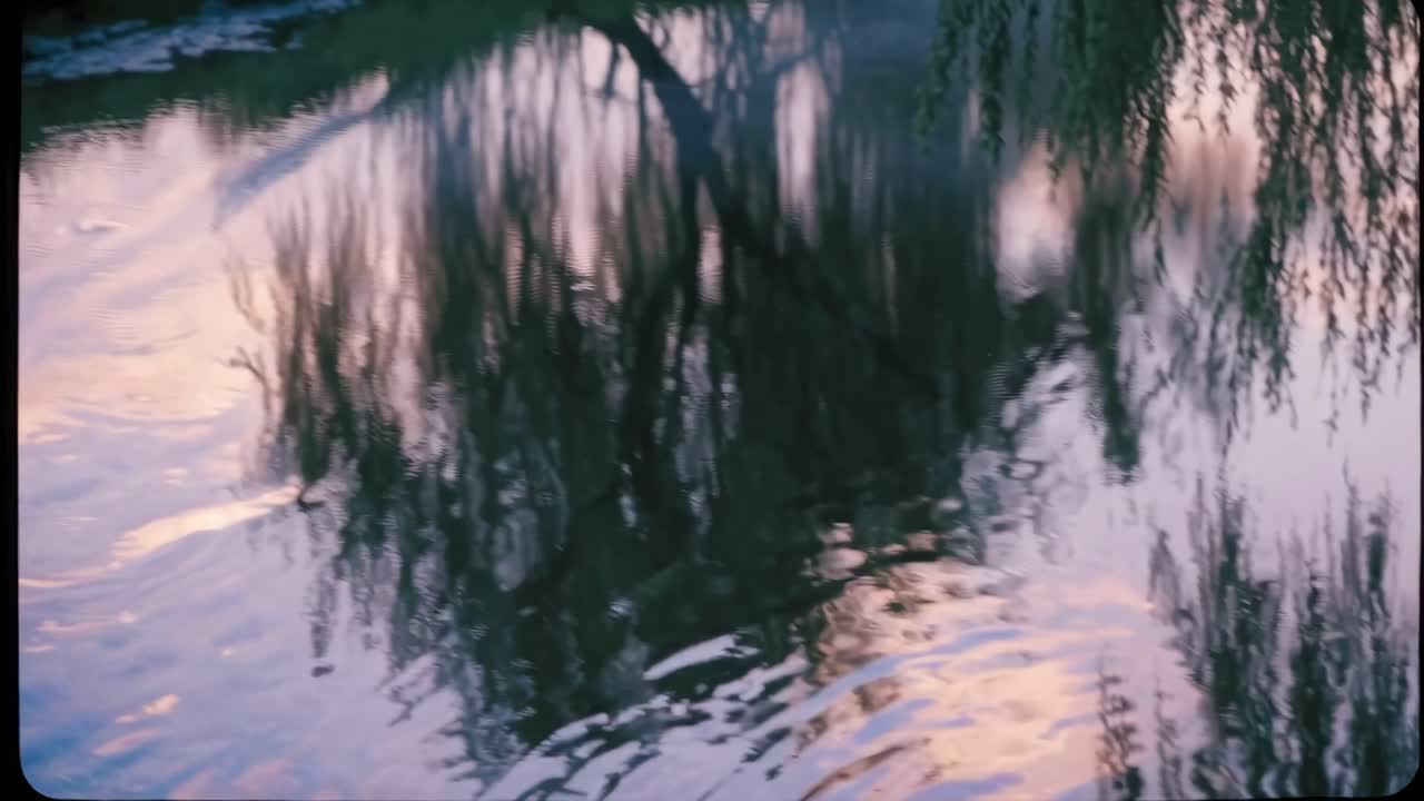 Serene videoscène van een wilgenboom die weerspiegelt in een rustige vijver bij zonsondergang