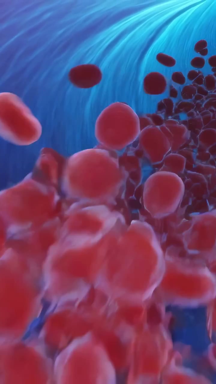 Vertical video: Flowing plasma pushing dense red blood cells forward through blue striated vessel