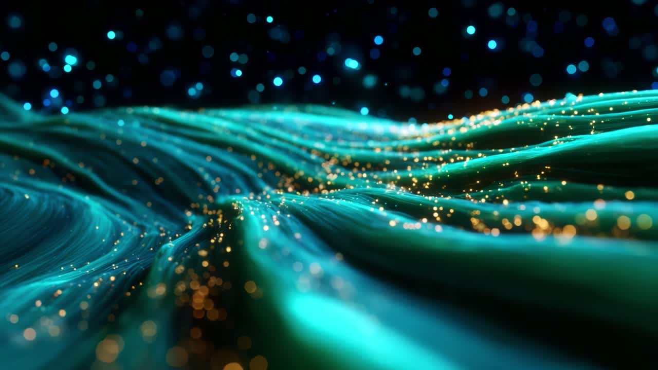 A mesmerizing visual representation of flowing waves infused with shimmering particles, creating a dynamic backdrop that symbolizes motion, energy, and the beauty of digital art, evoking a sense of wonder and creativity