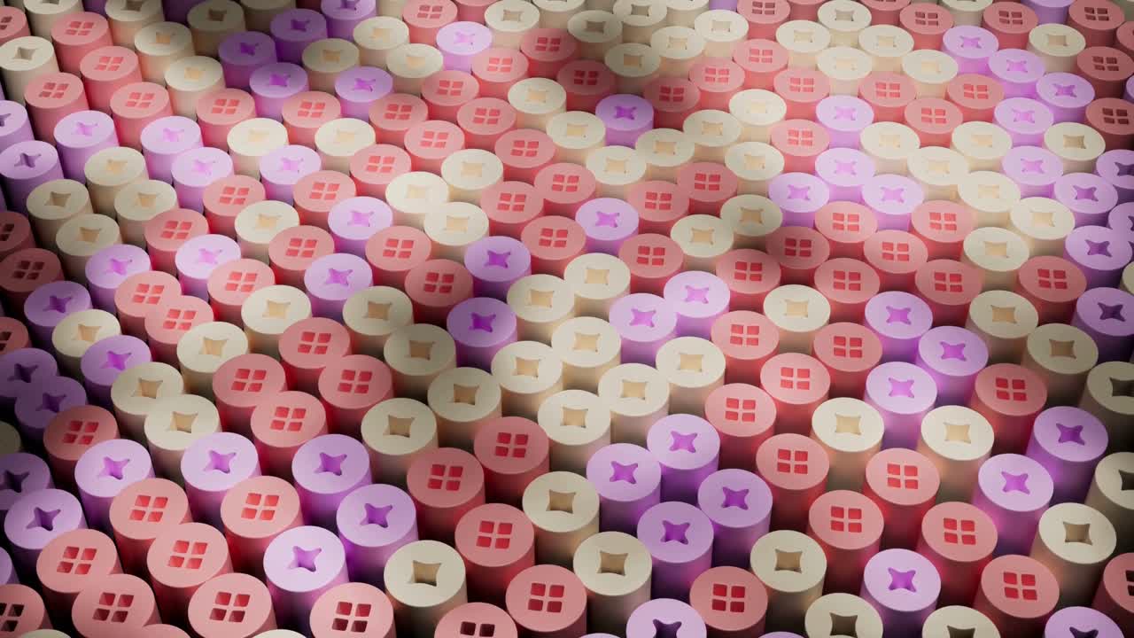Nahtlose Schleife wogender Pastellzylinder mit geometrischen Oberseiten