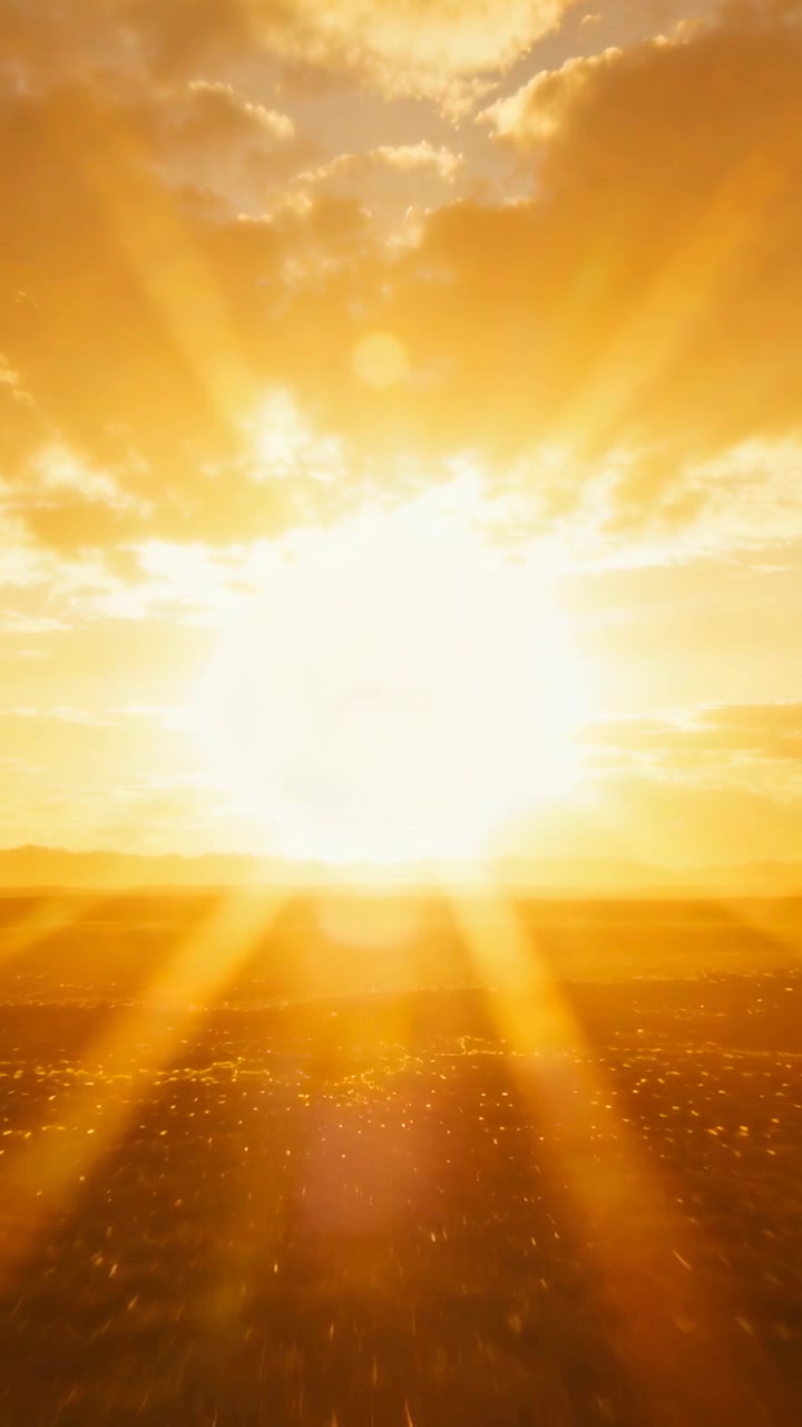 Vídeo vertical: Câmera focando no sol causando raios de clarão pulsantes, clarões, nuvens, brilhos no horizonte baixo.