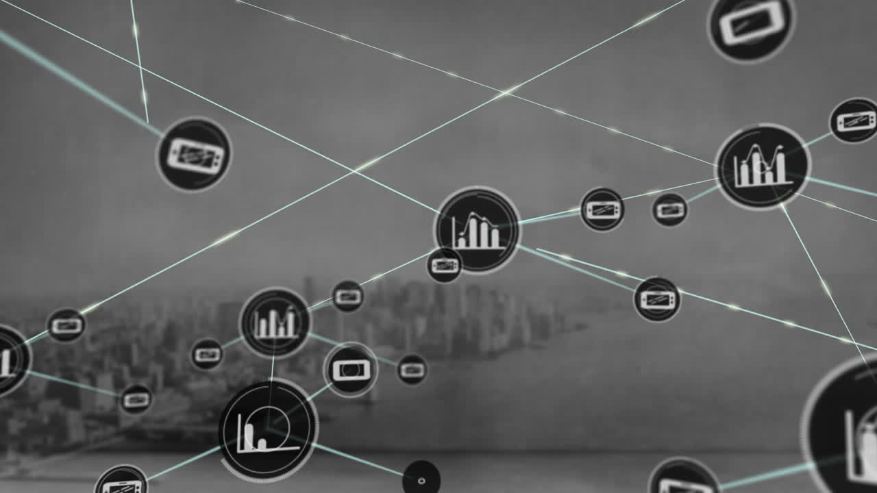 red de iconos de datos financieros y animación de conexiones sobre el fondo del paisaje urbano