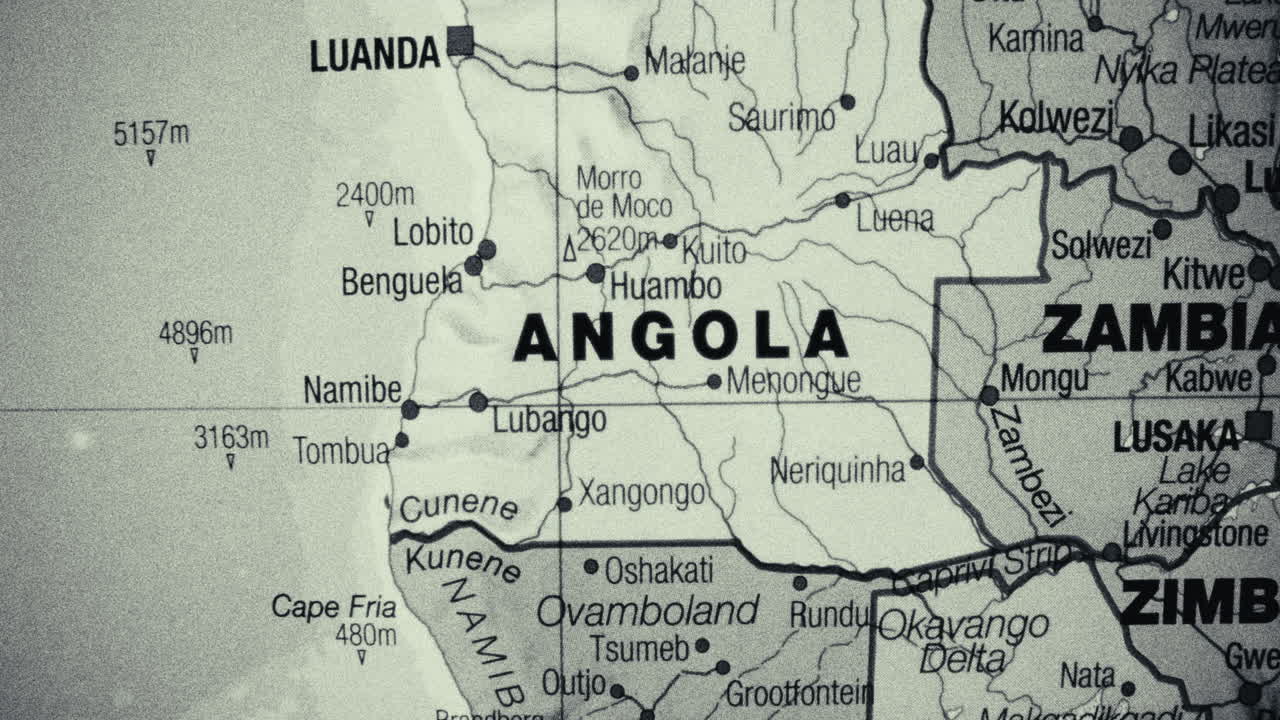 Close-up of a map showing Angola and surrounding African countries