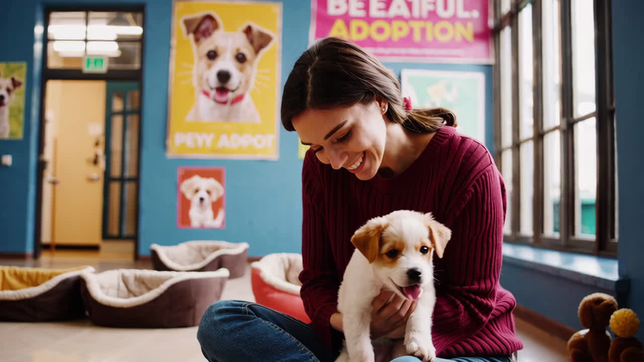 A Woman Interacts with a Cute Puppy at an Animal Adoption Center