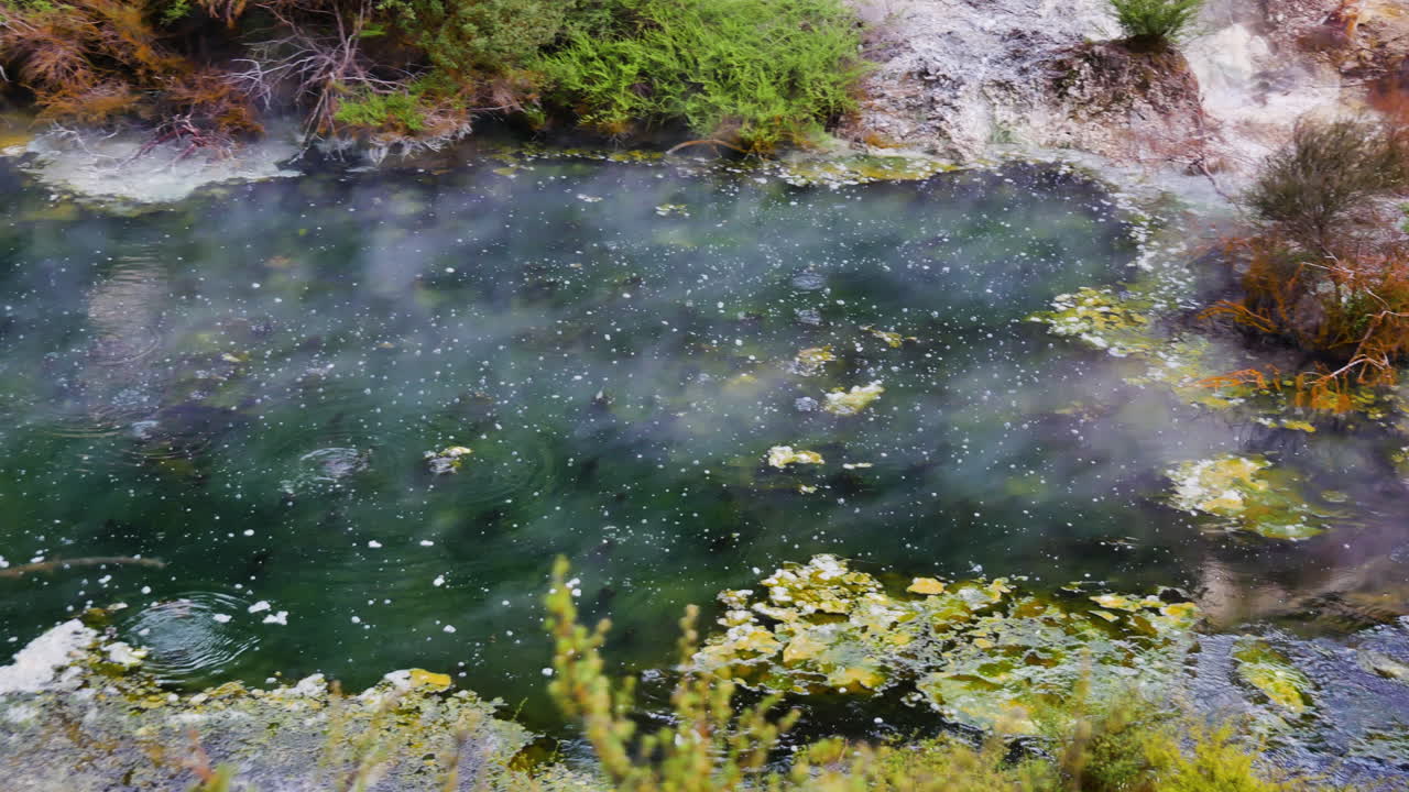 와이만구 화산 리프트 밸리의 열대 분화구 호수 위로 날아가는 증기 - 패닝 샷