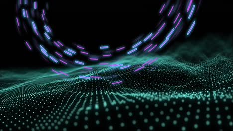 Animation of glowing light trails of data transfer over mesh moving in fast motion