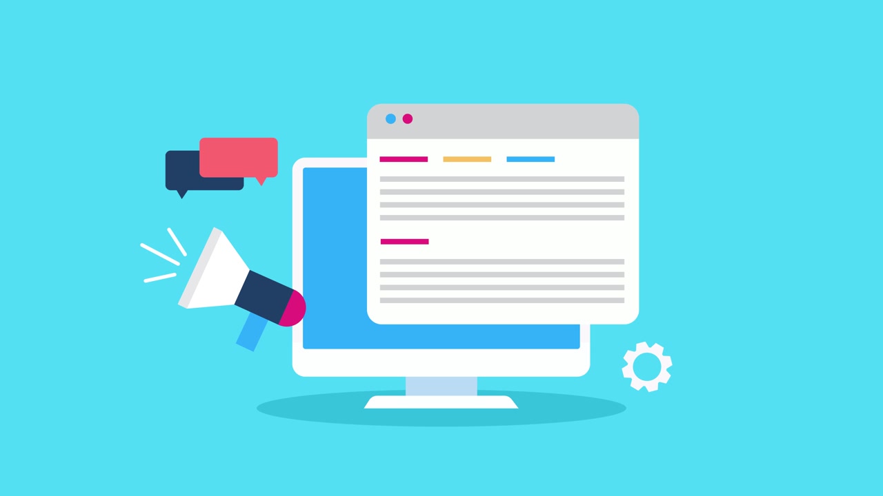 Animated Computer Screen with Digital Content and Marketing Icons
