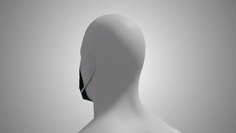 animation of a 3d human body model wearing a face mask on white background.