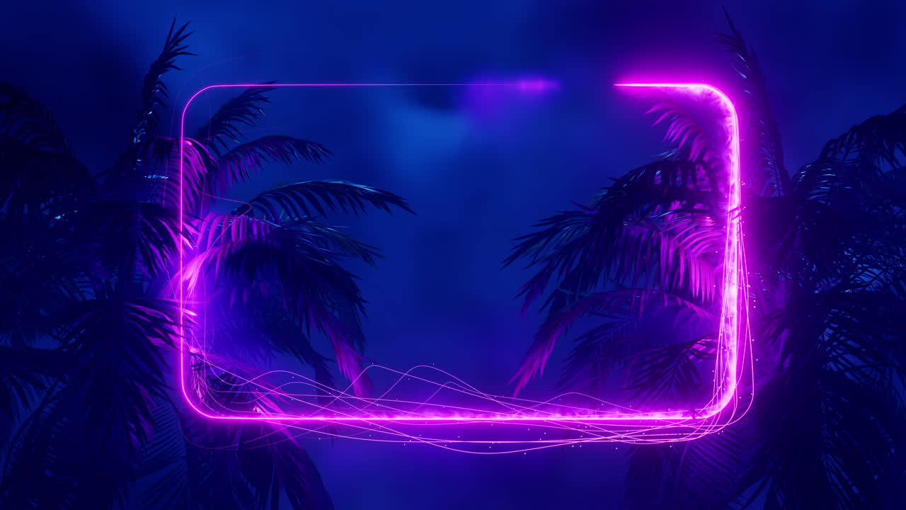 marco de neón dibujado dinámicamente entre las palmeras. animación en bucle infinito