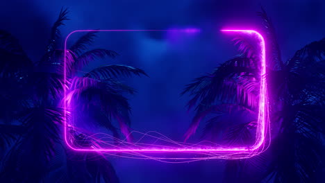 dynamically drawn neon frame between palm trees. infinitely looped animation