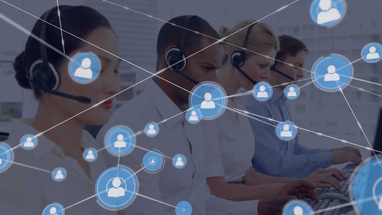 Animation of network of connection with icons over business people wearing phone headsets