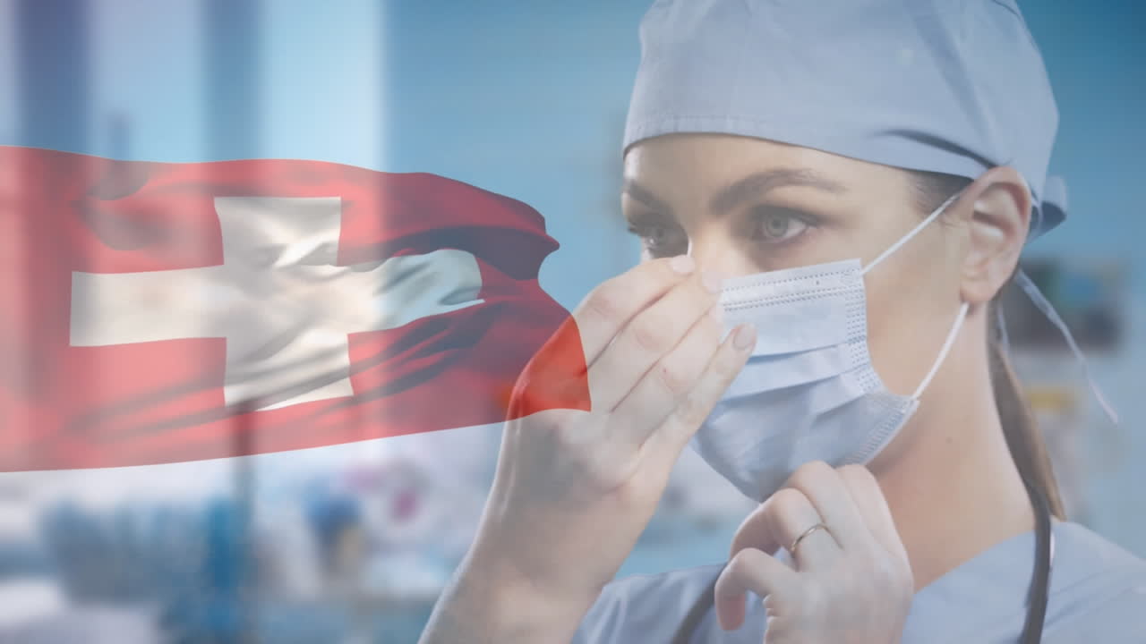 스위스  ⁇ 발이 날아다니는 여성 의사가 얼굴 마스크를 조정하는 애니메이션