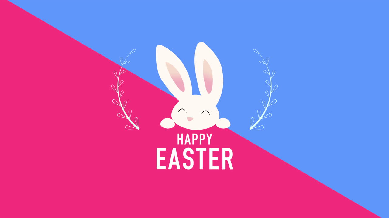 Primo piano animato testo Buona Pasqua e coniglio su blu e rosso 1
