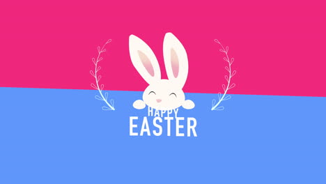primer plano animado feliz pascua texto y conejo en azul y rojo 1