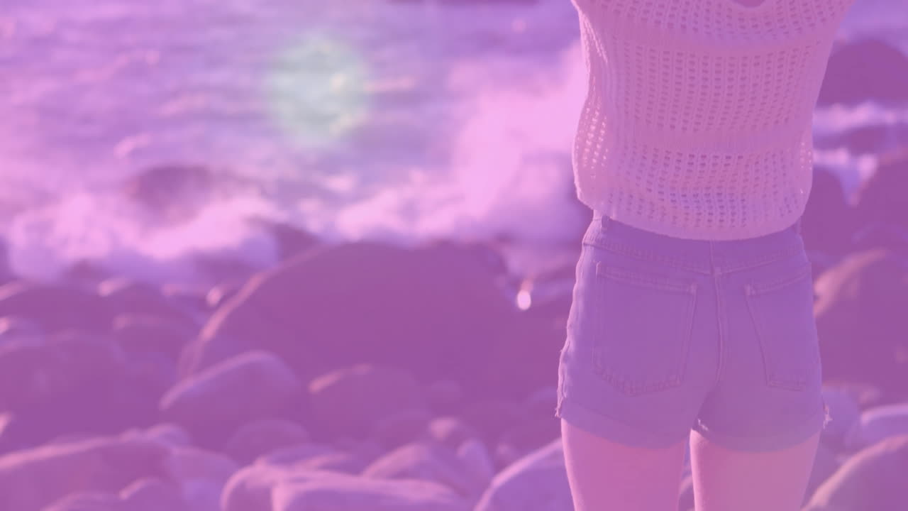Standing on rocky beach, person watching ocean waves in purple-tinted animation