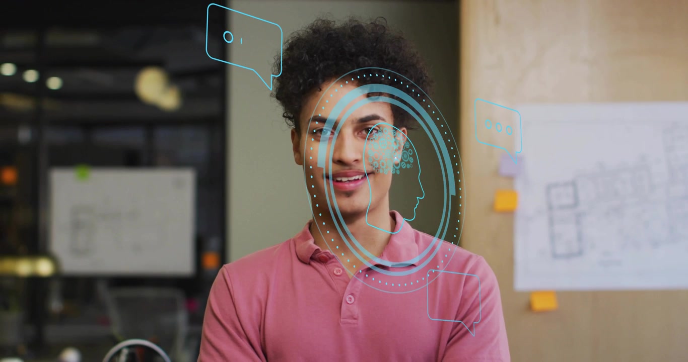 Tech pro looking at camera, initiating holographic head UI swirling chat bubbles for neural demo