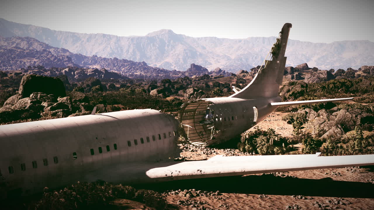 Plane wreckage scattered on rocky terrain in remote location after crash