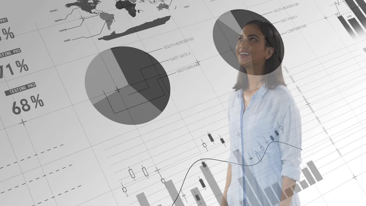 procesamiento de datos estadísticos contra la mujer tocando la pantalla invisible