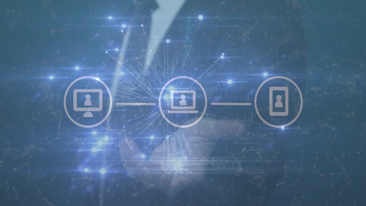Business man holding palm up under icons, central laptop pulsing, sending light orbits showing sync