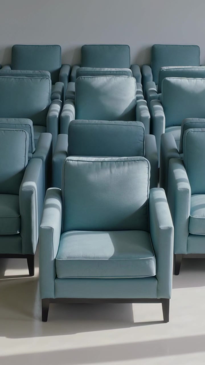 Vertical video: Moving sunlight from left crossing front teal chair in room, casting long shadows