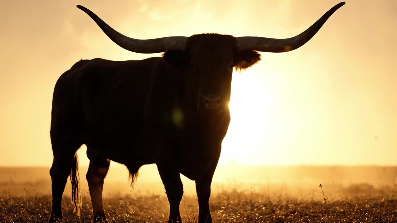 Maestoso toro in silhouette contro un tramonto dorato: una vista mozzafiato del potente animale della natura nel bagliore crepuscolare del cielo serale.