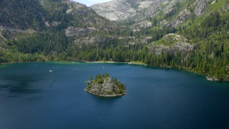 Aerial-of-Fanette-Island-in-Emerald-Bay,-Lake-Tahoe-in-4K