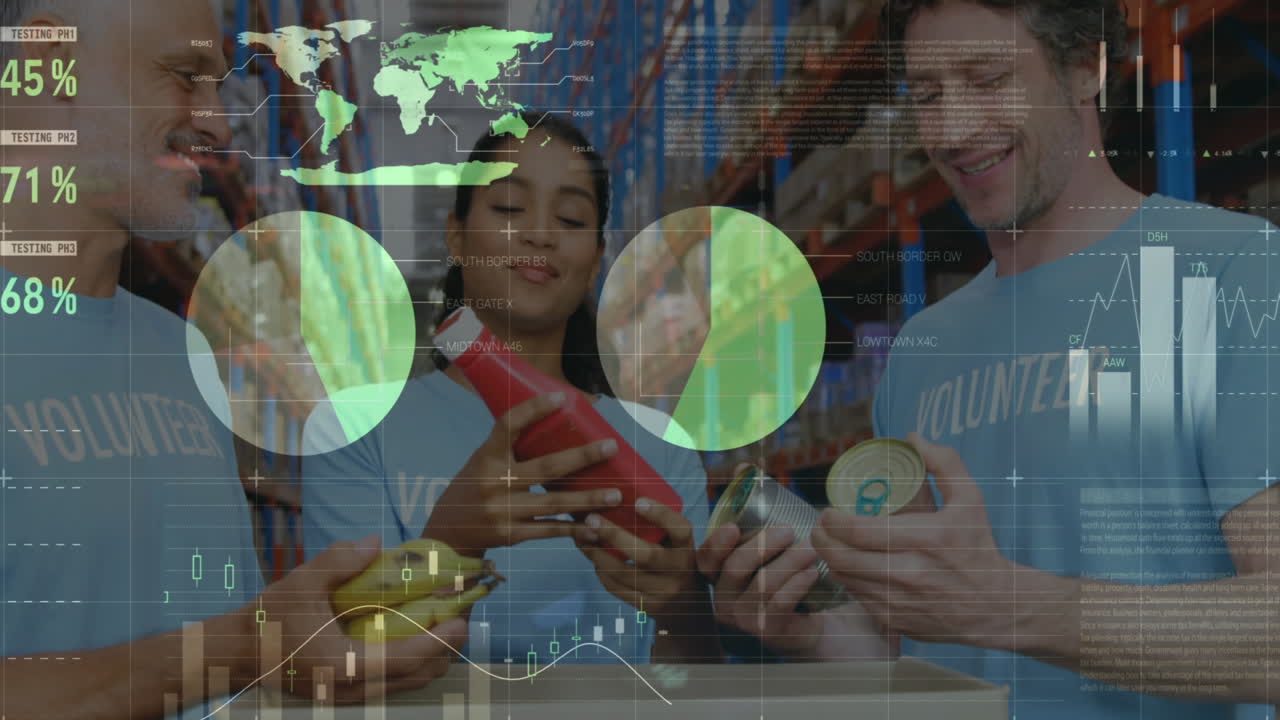 processamento de dados estatísticos contra voluntários masculinos e femininos que abrem sacos de doação no armazém