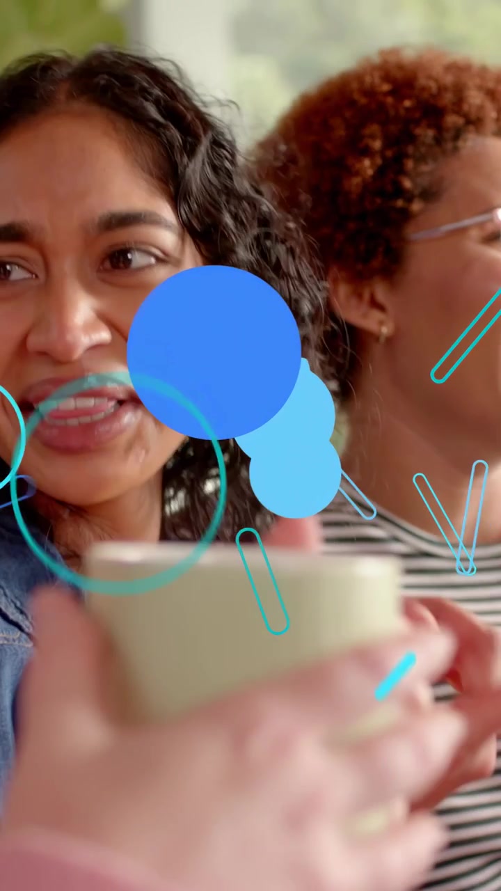 Vertical video: Three women with mugs, cam panning, teal blobs masking then revealing faces for ads