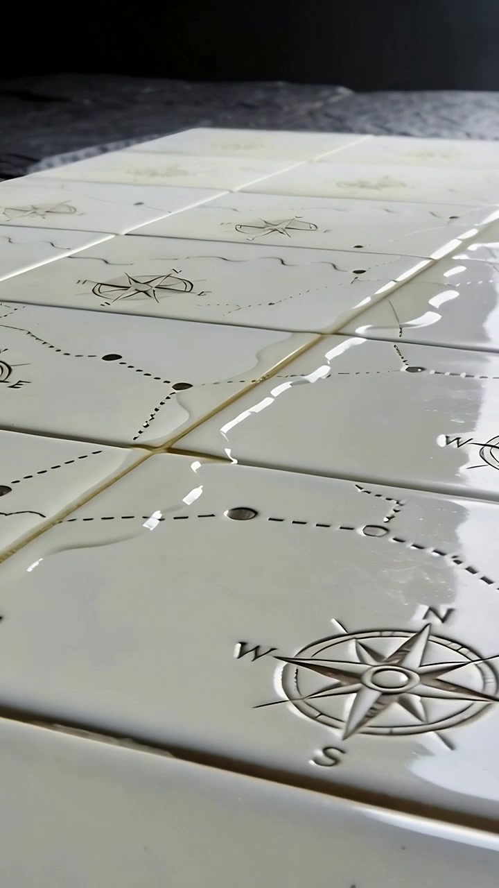 Vertical video: Flowing narrow stream from seam bead across tiles with compass motif under gravity