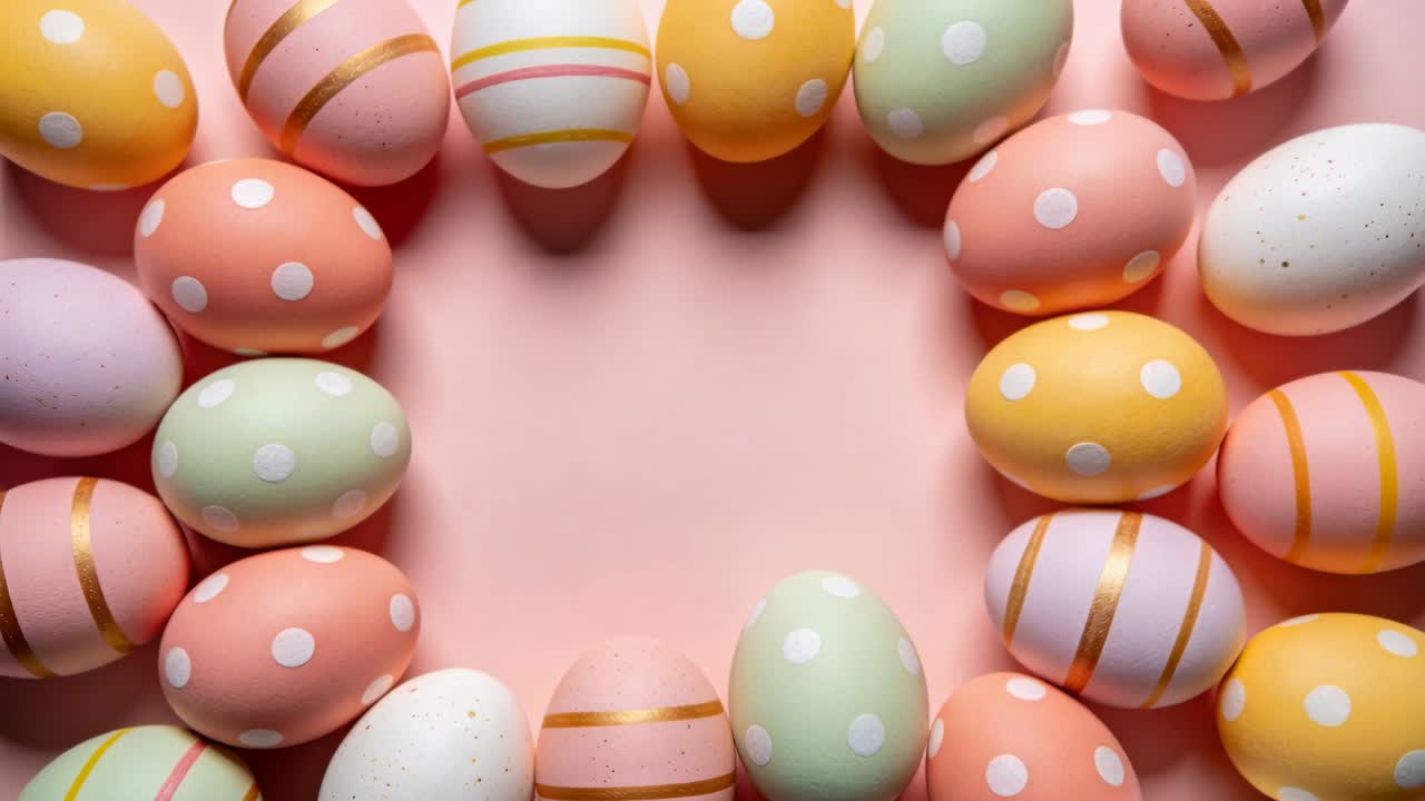Pale eggs shifting rotating closing gaps on pink desk, clip forming wreath showing dots gold design