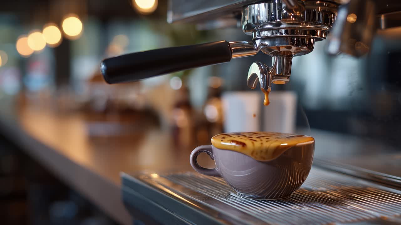 Steam rises from a fresh espresso. Golden light glows softly behind. Coffee drips into a small cup. Barista's hands hold a professional machine. Warm, rich aroma fills the air